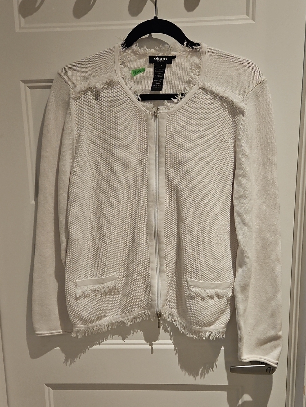 Olsen White Fringed Zip-Front Knit Cardigan
